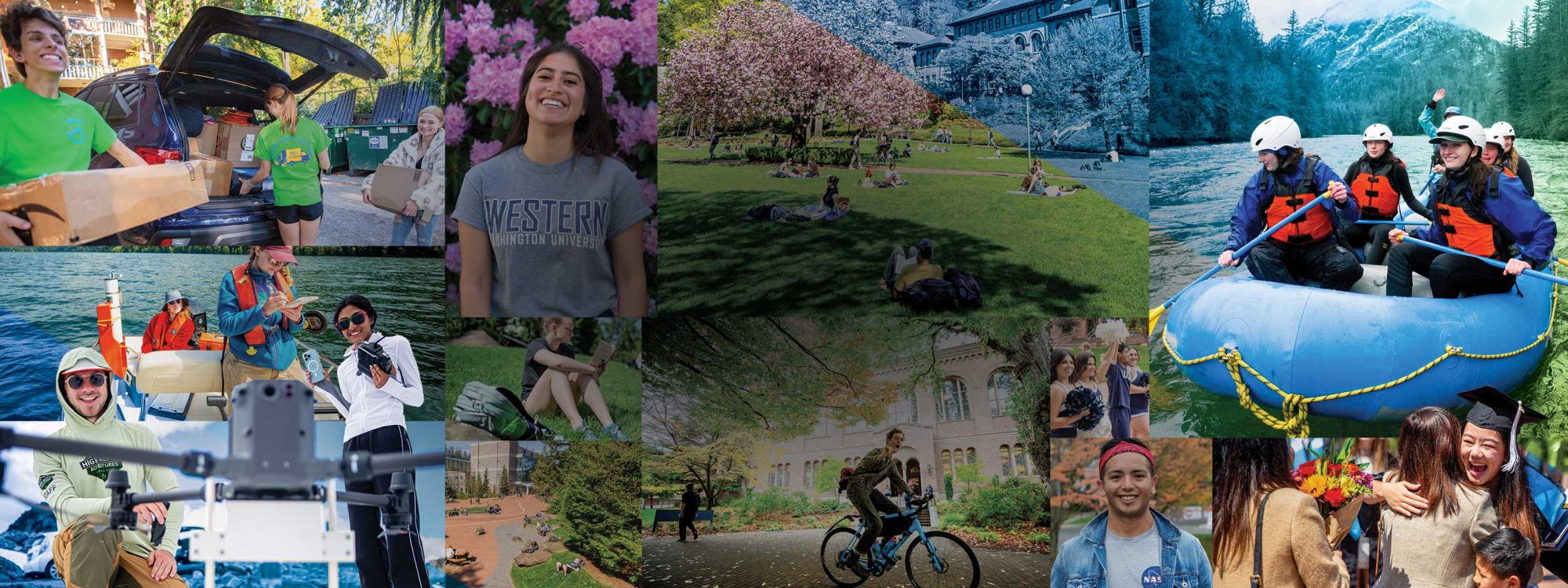 collage of two dozen photos showcasing the life and success of students attending Western Washington University