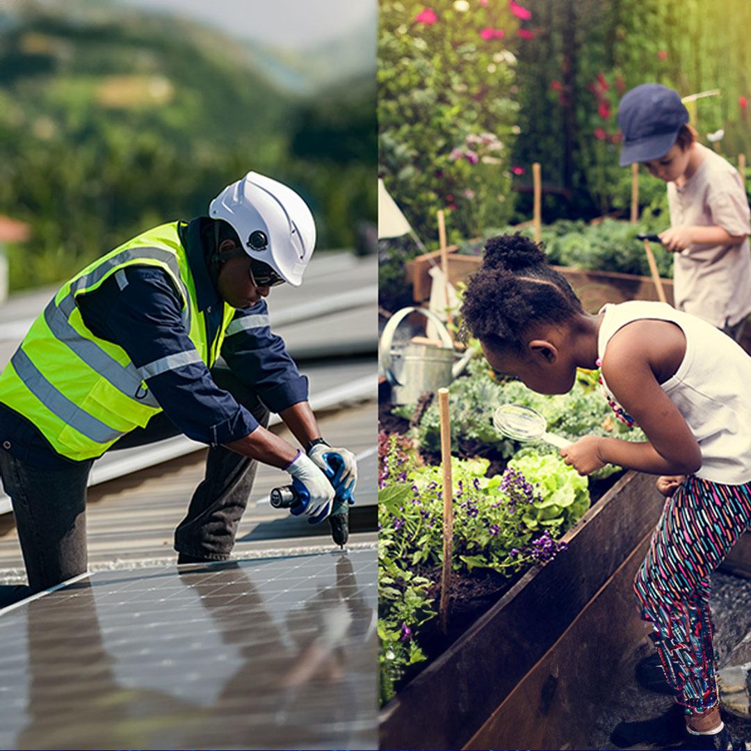 Montage of man installing solar panels on a roof and young children working in a garden raised bed of vegetables.