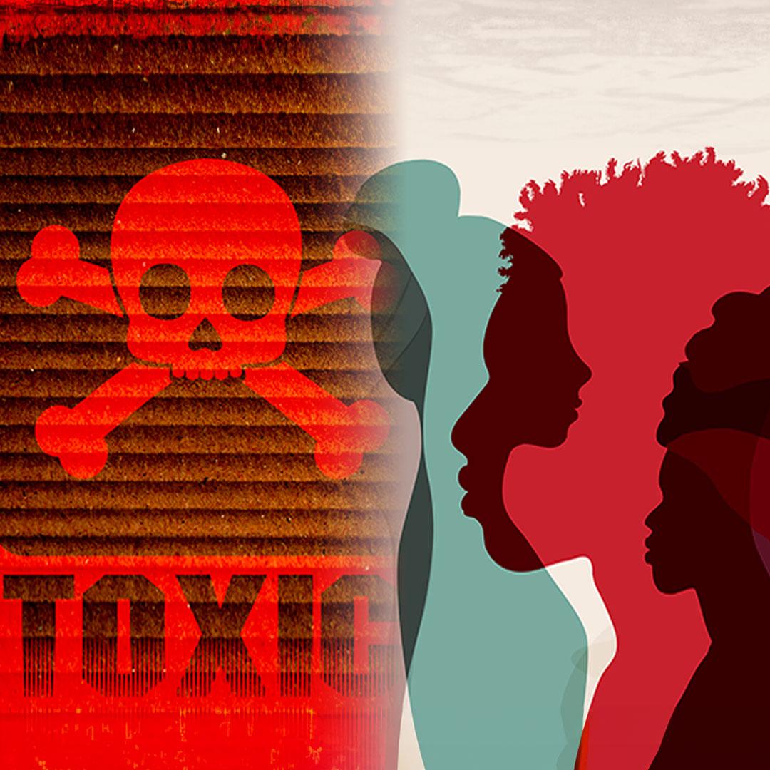 Sign with skull and crossbones and the word toxic and illustration with silhouettes of men and women of diverse cultures.
