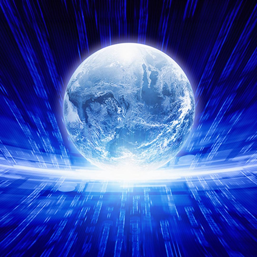 Graphic rendering of a blue planet earth surrounded by glowing white light and blue patterns.