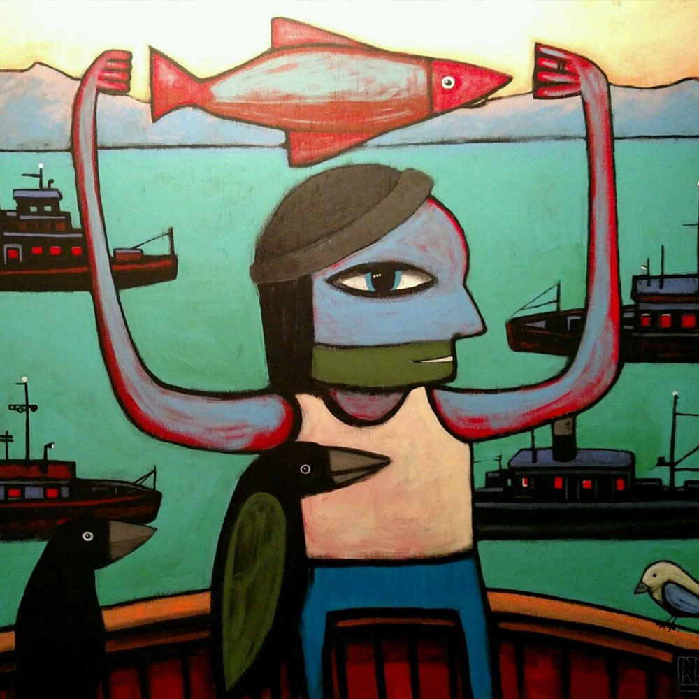 Painting by Fish Boy of a man holding a fish over his head