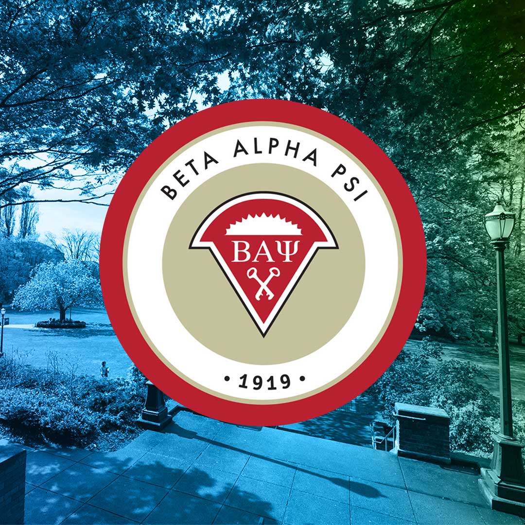 Picture of Old Main Lawn from the stairs of Old Main with the Beta Alpha Psi logo