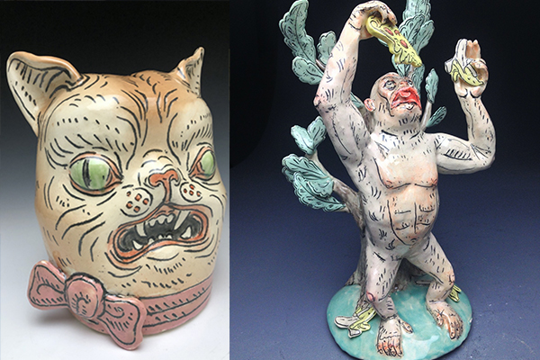 Ryan Kelly ceramic pieces. Cat head on left and Pizza Ape on right.