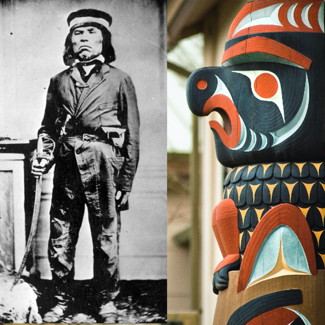 Right side of image: details of carved Native American totem. Left: historic black and white photo of Head Chief of Clallam Tribe