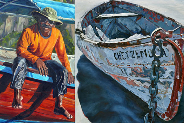 Details of Lorna Libert paintings. On left, Black man with orange sweater sitting on side of a boat. On right, details of a skiff.
