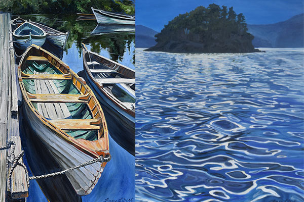 Left: painting of several small wooden boats floating on calm water. Right: detail of painting of rippled water with small wooded island in the background