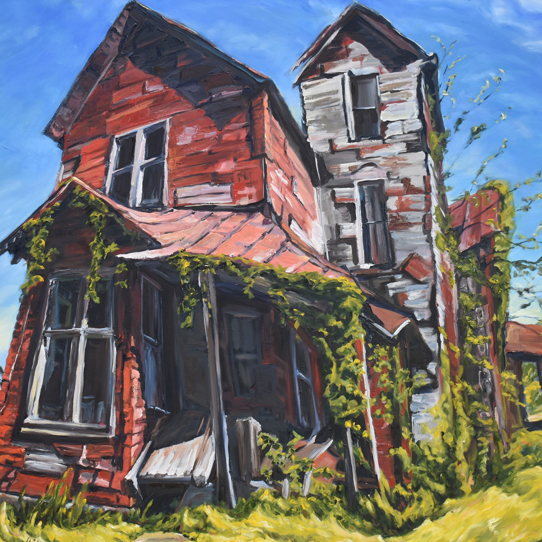 Painting with dramatic and skewed perspective of very old two story red house overgrown with green vines