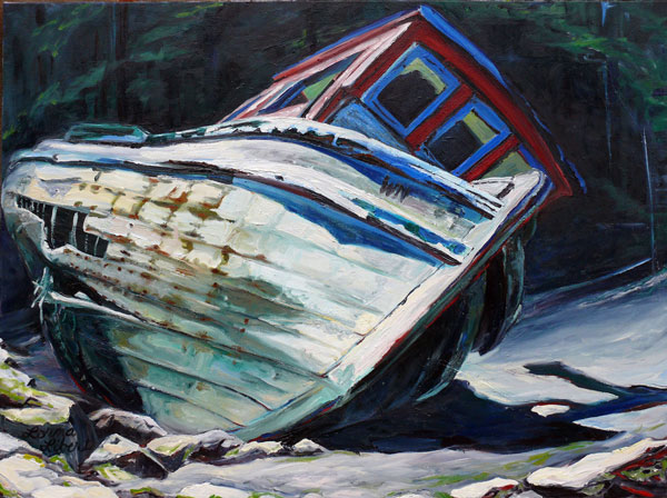 Painting of old and badly damaged wooden boat washed up on a rocky shore