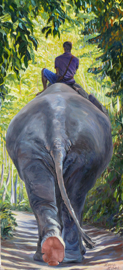 Painting showing the backside of a huge elephant walking through vibrant greenery. A person is seated on the elephant's back.