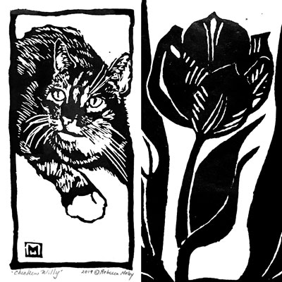 Cat and Tulip linocut