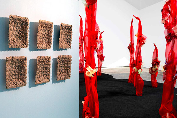 Detail of fiber wall art and bring red contemporary installation
