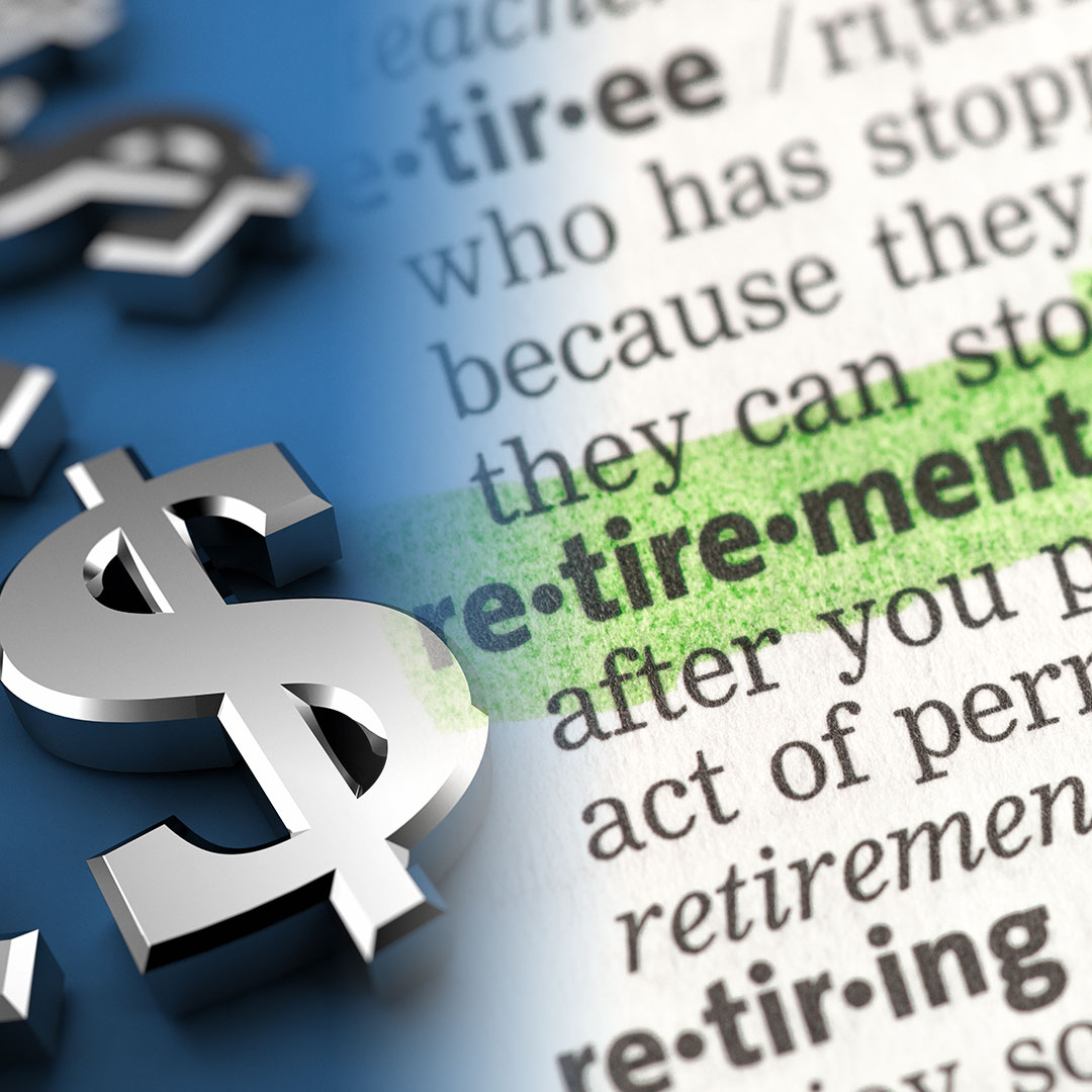 Montage of silver dollar signs and the word retirement highlighted in green marker