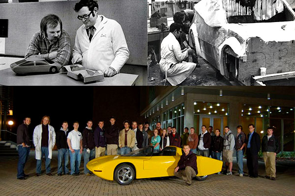Two black and white photos of Michael Seal above a color photo of yellow racing car and group of students