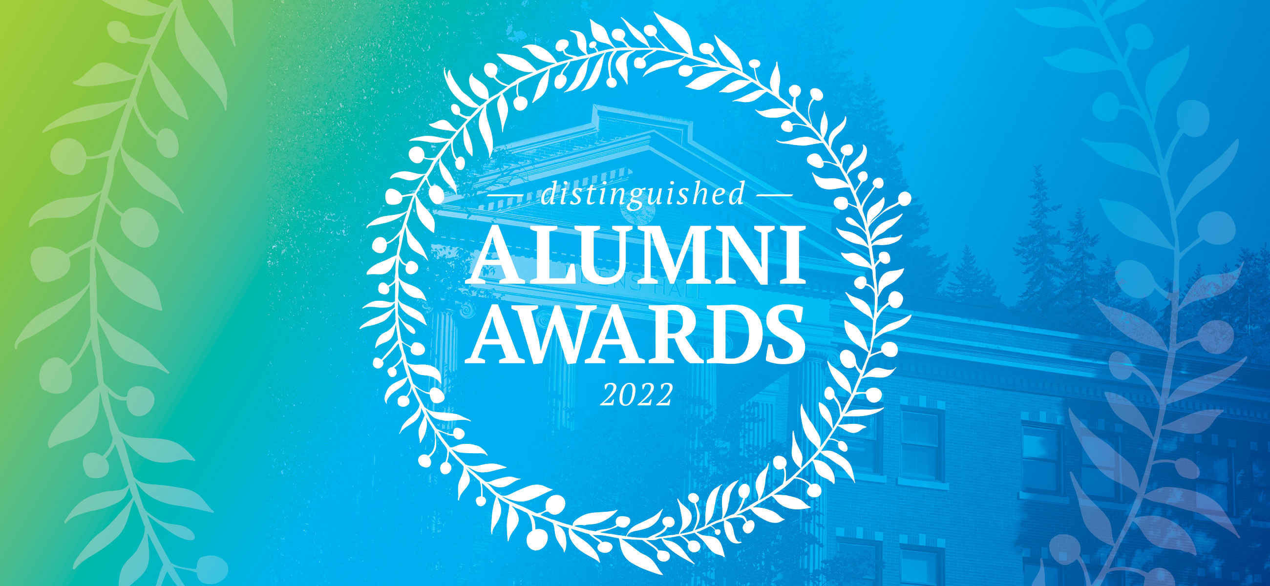 Distinguished Alumni Awards 2022 logo with a watermark Western blue to Sounders green gradient in the background