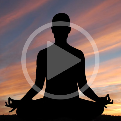 The silhouette of a person meditating with a play button over it
