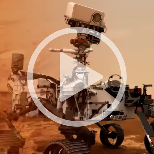 Mars Landers on the Martian soil with a video play button on it