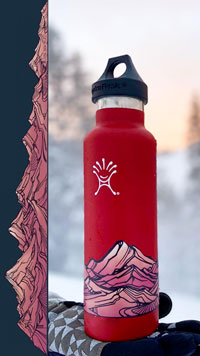 Red water bottle with moutainscape sticker