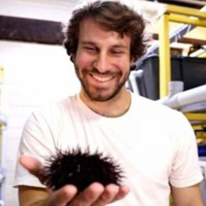 Mitch Gibbs holds up a sea urchin. He is smiling broadly, has white skin,  brown hair/beard, and wears a white T-shirt.