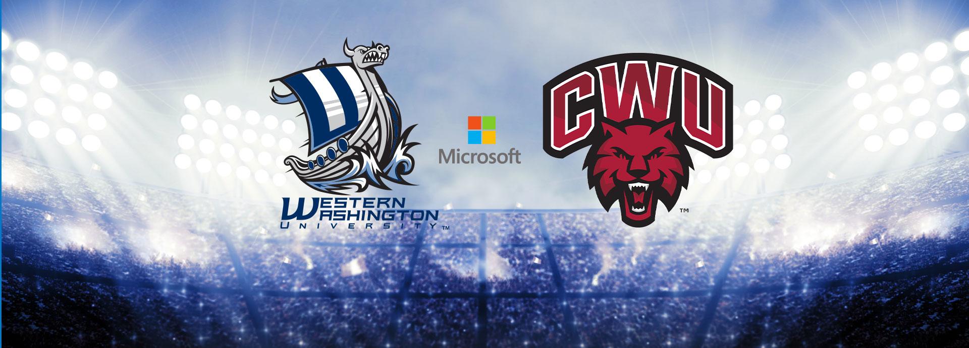 WWU Viking logo, Microsoft logo, and the Central Wildcats logo in a stadium full of people with stadium lights
