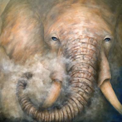 Lori Hill's painting of an Elephant's face coming out of the smoke