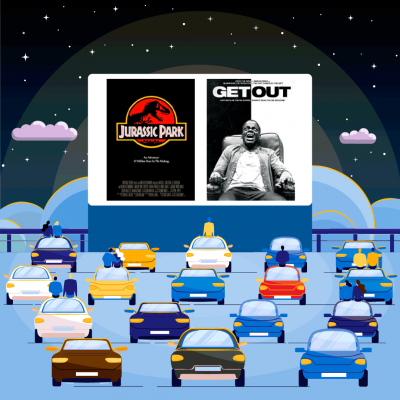 The poster cover of Jurassic Park and Get Out superimposed over a movie screen at a drive-in theatre with cars parks out in front