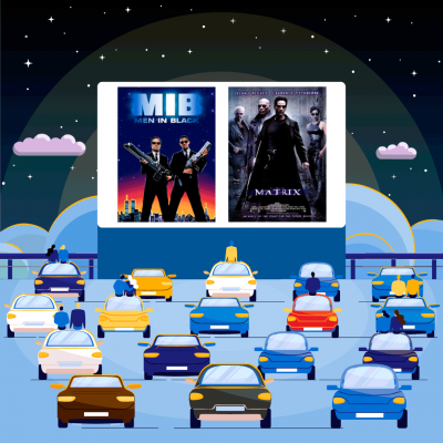 The poster cover of Men in Black and The Matrix superimposed over a movie screen at a drive-in theatre with cars parks out in front