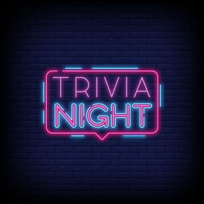 Picture of the words Trivia Night in pink and purple colors as if it was a lighted sign