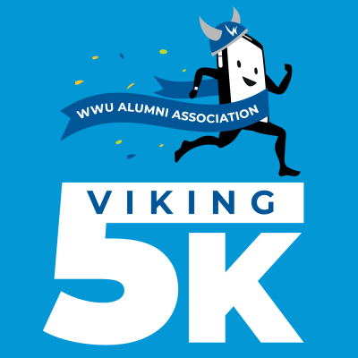 WWWU Alumni Association Viking 5K text superimposed with a little running smartphone crossing a finish line.