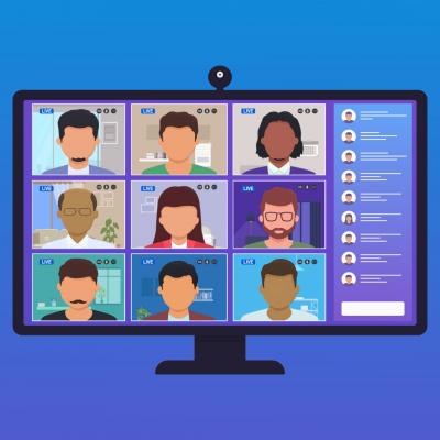 Cartoonish picture of a computer monitor with a diverse group of cartoonish people (with no eyes, nose, or mouth) in a virtual meeting setting. In the upper right corner is a WWU blue ribbon with the Alumni logo.
