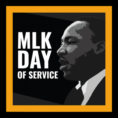 MLK DAY OF SERVICE - text superimposed over a black and white photo of Martin Luther King
