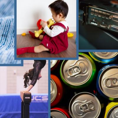 Grid of photos of fabric, gymnast, soda cans, computer component, and small child