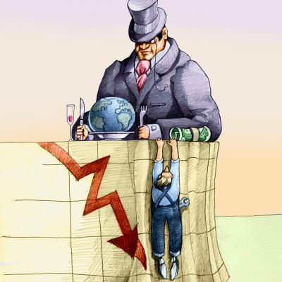 Illustration of a wealthy tycoon and a struggling worker