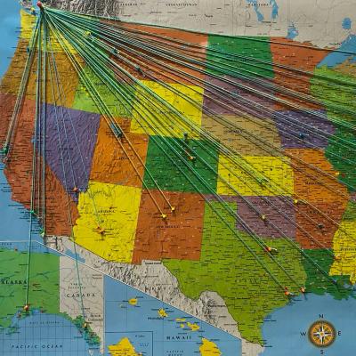 USA Map with strings emanating from Washington state across the nation
