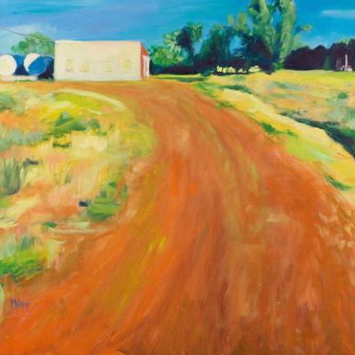 Brightly colored painting of winding road and fields