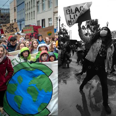Left panel: young climate marchers. Right panel: racial justice protestor