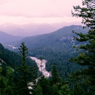 Looking out over Washington mountains and a river