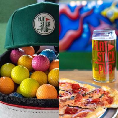 Picture collage - left photo of a baseball hat with Flatstick Pub on it on top of golf balls and photo is pizza and a glass of beer 
