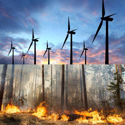 Top: Wind turbines. Bottom: Forest fire.