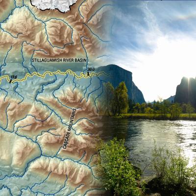 Topical map fading to river and mountains