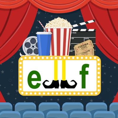 vector graphics showcasing a movie theatre with popcorn, a softdrink, movie tickets, and a sign showing the movie title ELF