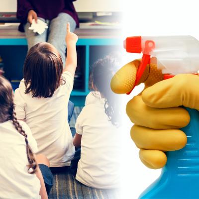 Young children seated on floor fading to gloved hand holding a large spray bottle