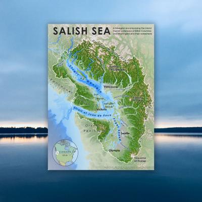 A map of the Salish Sea with ocean waters, land mass and blue sky in the background
