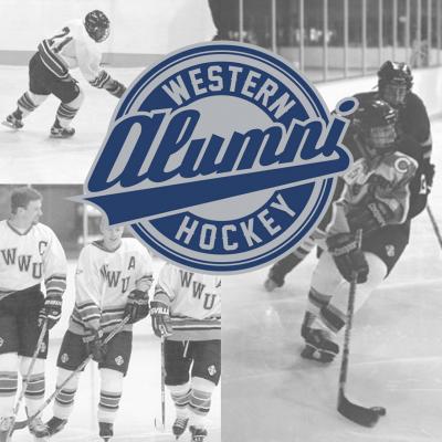 Grid of 4 black and white photos of hockey players and logo for hockey alumni