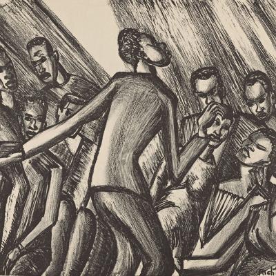 Art print titled Spirituals showing a group of African Americans 