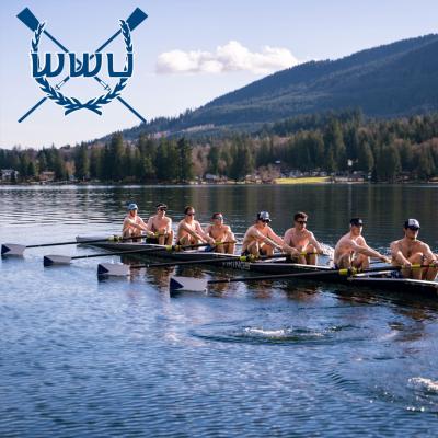 Men's rowing team in a rowing shell on lake Whatcom
