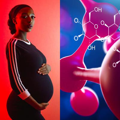 Left side: standing black pregnant woman. Right side: colorful rendering of a chemical compound