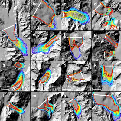 Grid with aerial views of a glacier and overlays of colored lines