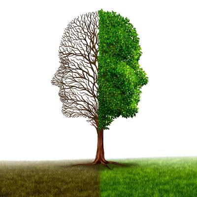 Graphic illustration concept of mental health disorders showing two faces in profile—one covered with bare brashness, the other with green foliage