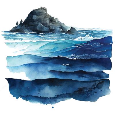 watercolor painting of ocean and a small island