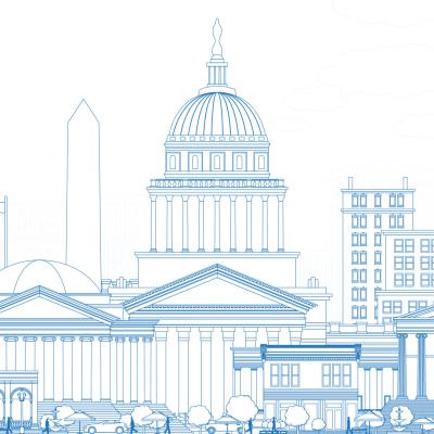 Line drawing of the capitol buildings in Washington D.C. against a white background